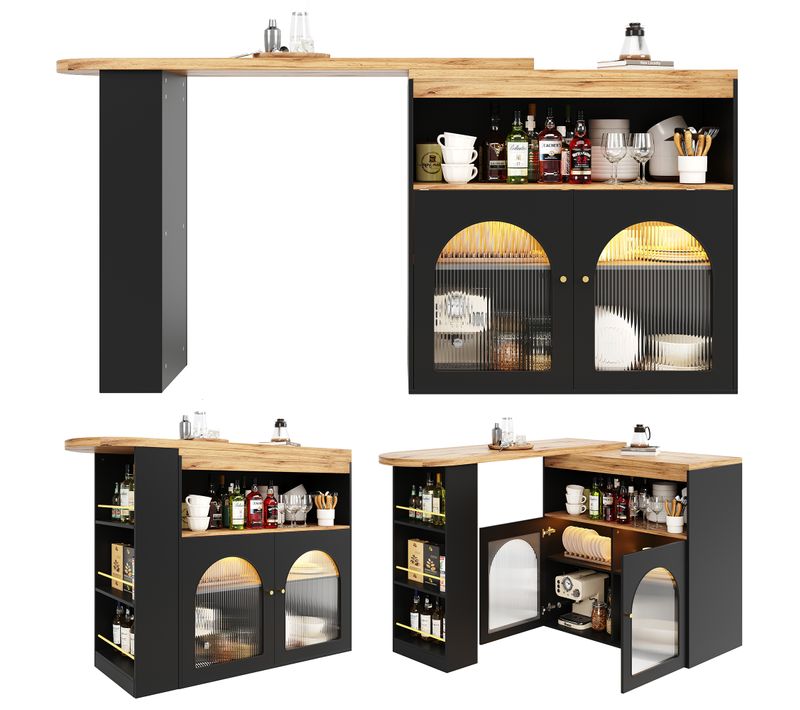 Table De Bar Extensible 138–193 Cm, Pivotante 360°, Avec LED Et Rangements, Noir