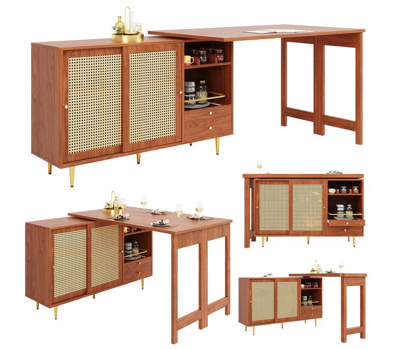 Table îlot Pivotante 360° Avec Portes En Rotin, Rangement Et Plateau Extensible, 107–187 Cm, Marron