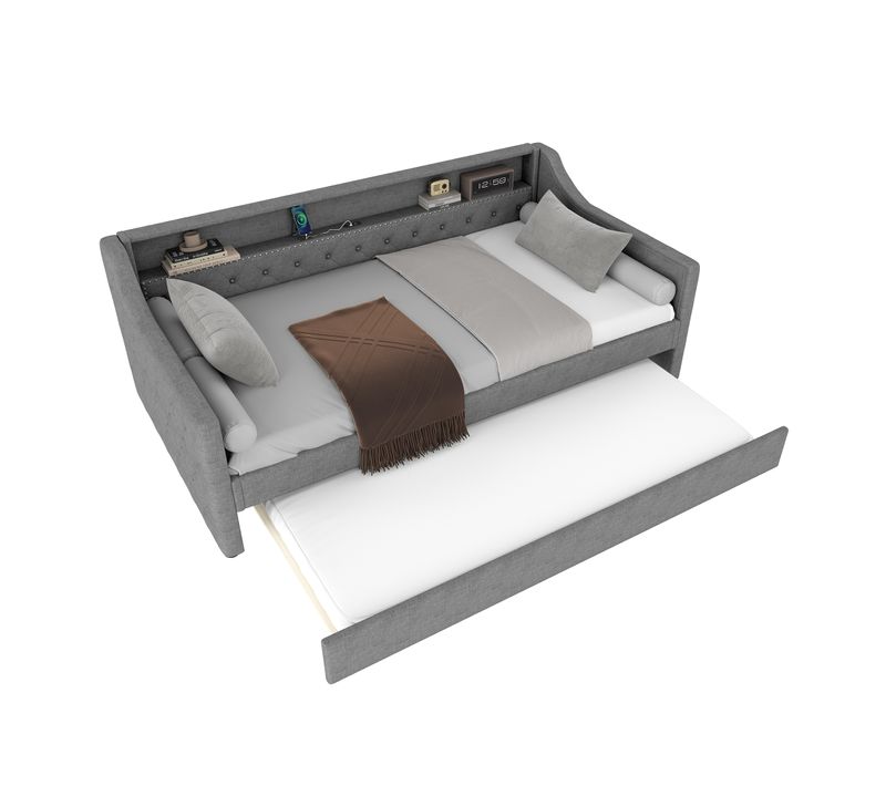 Lit Enfant Gigogne - 90x200cm - Avec Éclairage LED, Prise USB-mdf- Gris