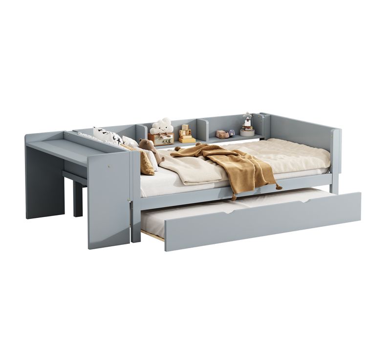 Lit Enfant Gigogne - 90x200cm - Avec Bureau,espace De Rangement Ouvert - Mdf - Gris
