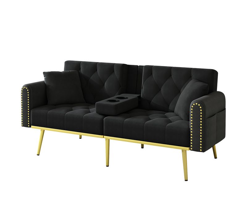 Canapé-lit Pliable - 175x80x73.5 Cm - Noir- Velours - Porte-gobelet - Poche Latérale