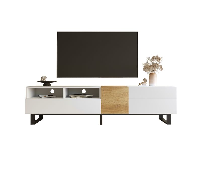 Meuble TV Moderne 180 Cm, Blanc Et Bois, Avec Rangements