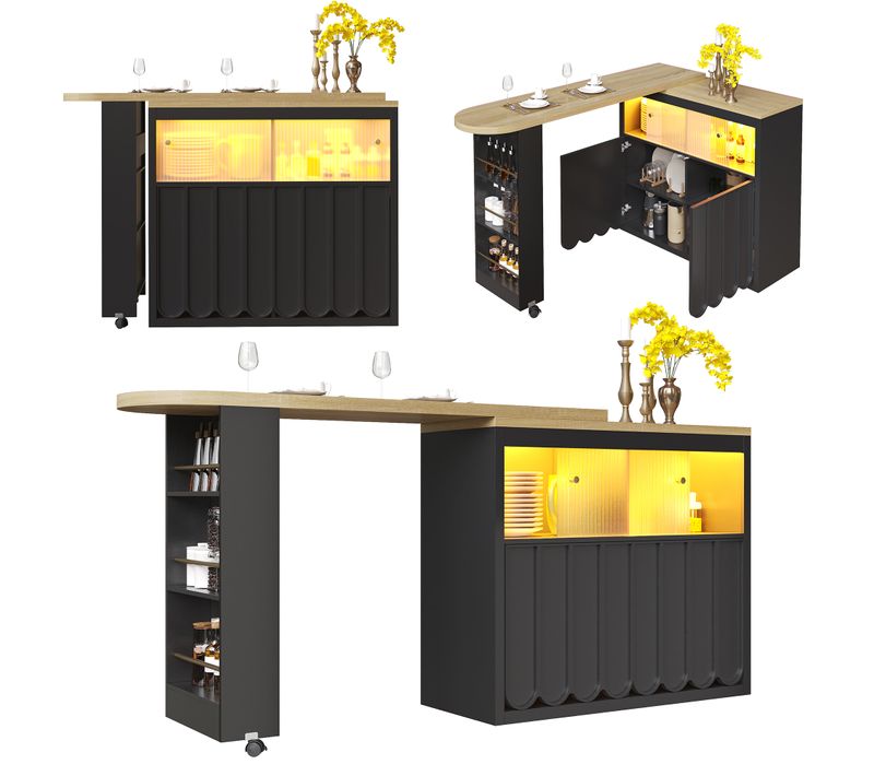Table Bar Extensible Avec Rangements, LED Intégrée Et Roulettes – Îlot De Cuisine Mobile, Noir