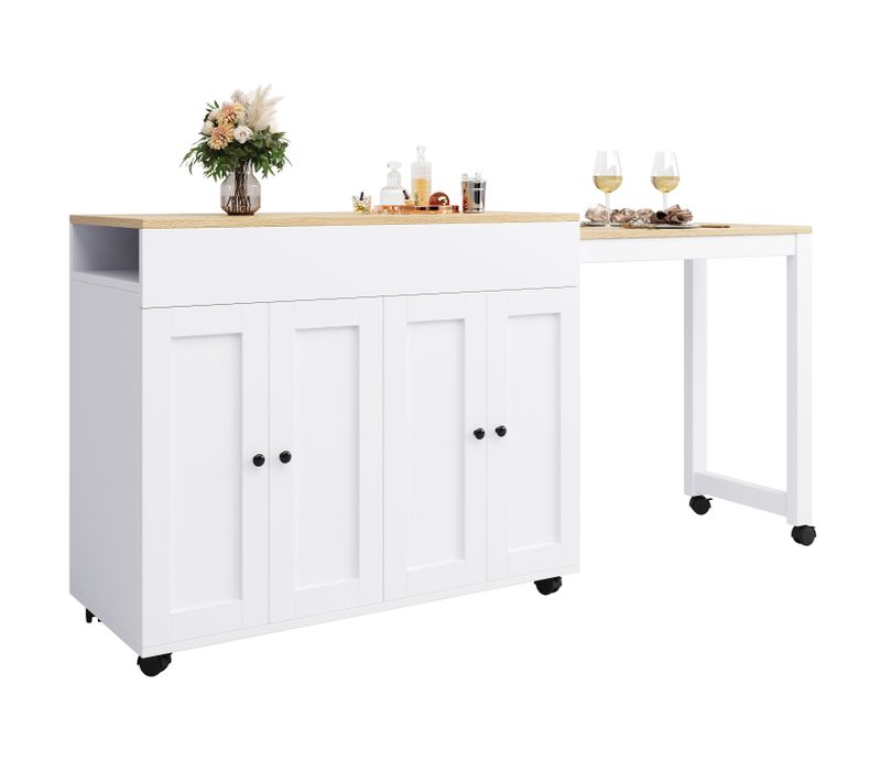 Table Bar  Avec Table Extensible Sur Roulettes Et Grand Espace De Rangement – Blanc