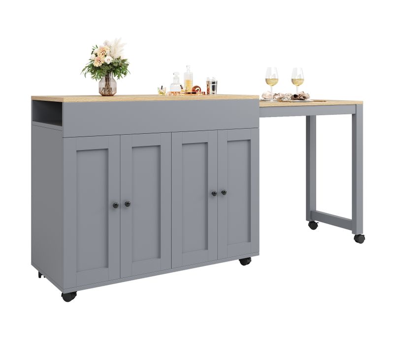 Table Bar  Avec Table Extensible Sur Roulettes Et Grand Espace De Rangement – Gris