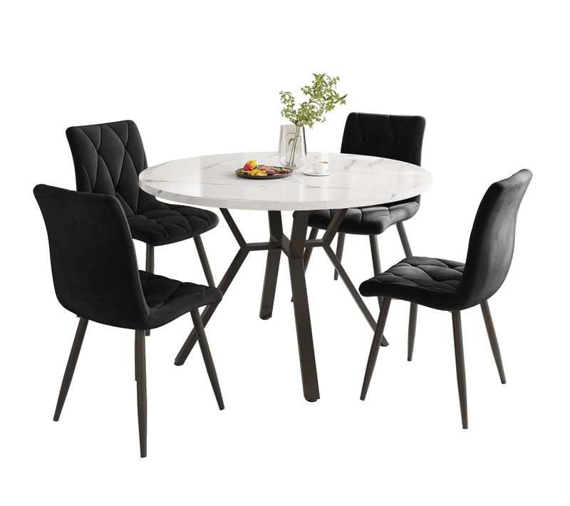 Ensemble Salle à Manger 5 Pièces – Table Ronde Effet Marbre + 4 Chaises En Suédine Noire