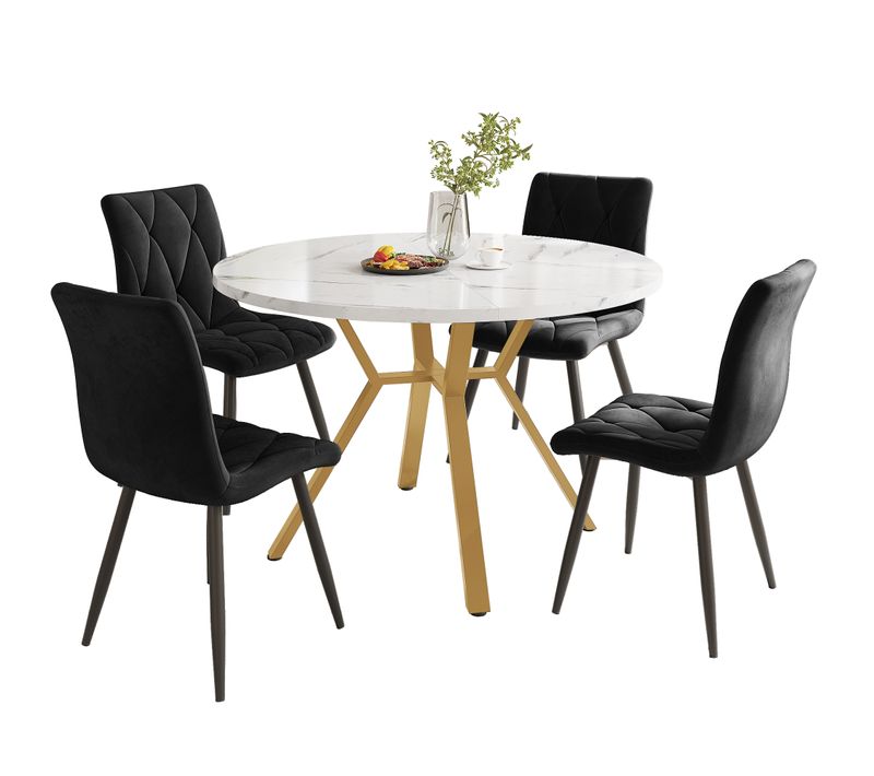 Ensemble Salle à Manger 5 Pièces – Table Ronde Effet Marbre Pieds Dorés + 4 Chaises — Noir