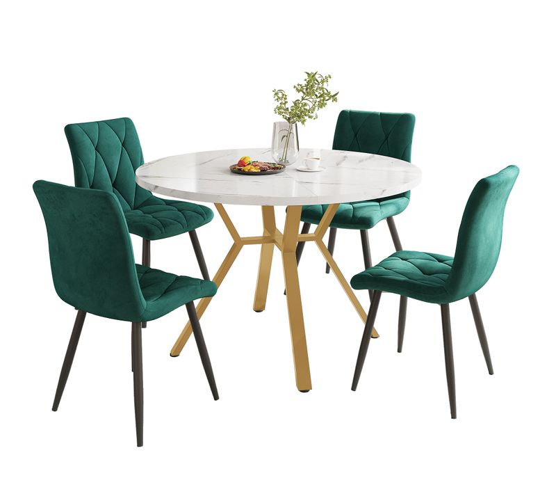 Ensemble Salle à Manger 5 Pièces – Table Ronde Effet Marbre Pieds Dorés + 4 Chaises - Vert