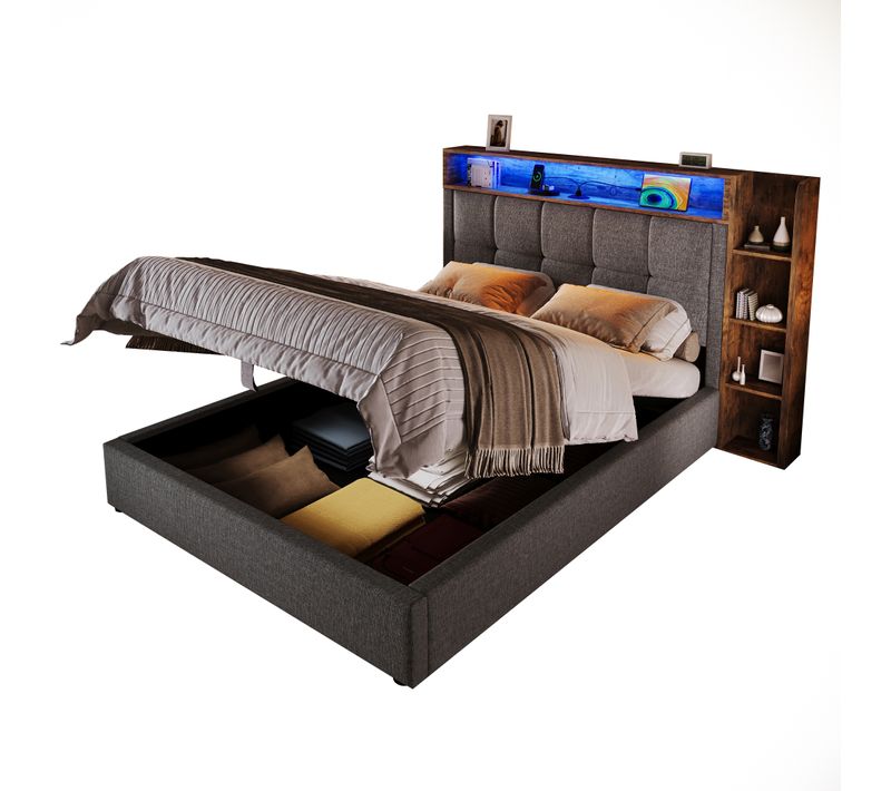 Lit Coffre 90x200 Lin Gris, LED Rgb, USB+type-c, Tête De Lit Rangement, Sans Matelas