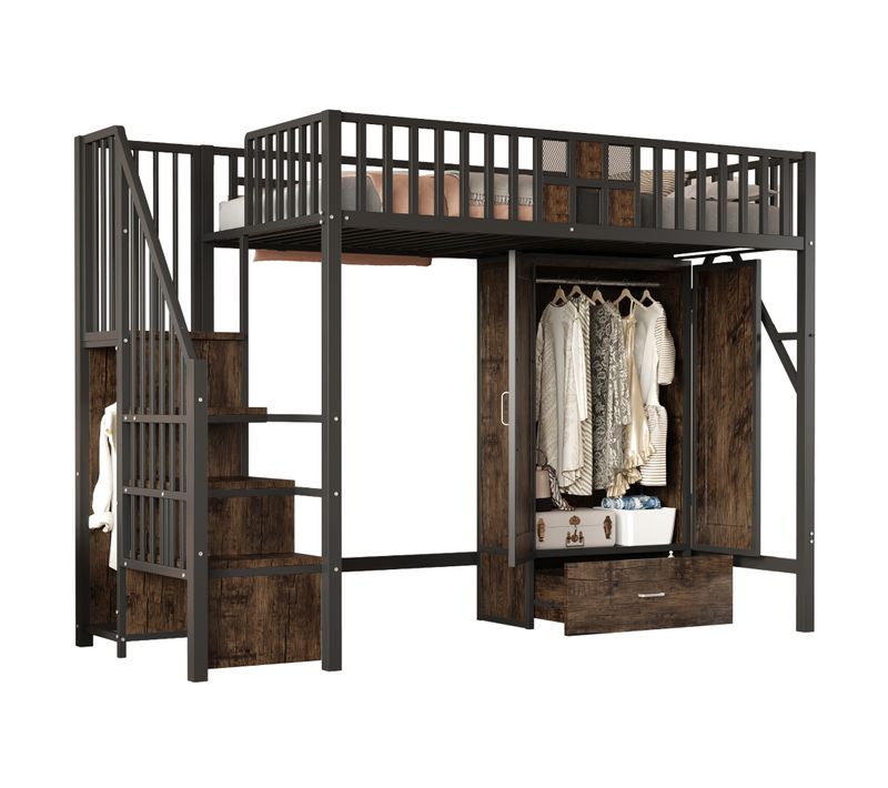 Lit Mezzanine 90x200 Métal Noir Avec Dressing, Tiroir, Escalier Rangement, Garde-corps Bois/grille