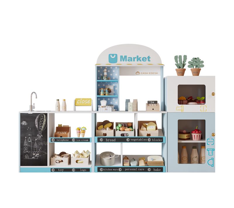 Magasin Enfant En Bois Bleu, Frigo, Micro-ondes, Ardoise, Robinet, 3 Ans+,155x30x107.5cm