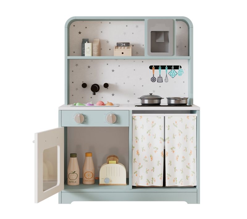 Cuisine Enfant Bois Bleue, Machine à Glaçons, Micro-ondes, Évier, Accessoires, 3 Ans+,60x29x81cm