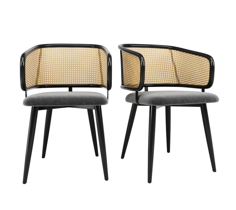 Lot De 2 Chaises Salle à Manger, Dossier Rotin, Assise Velours, Pieds Métal Effet Bois 150 Kg