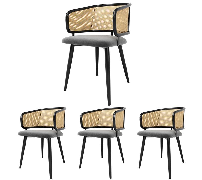 Lot De 4 Chaises Salle à Manger, Dossier Rotin, Assise Velours, Pieds Métal Effet Bois 150 Kg