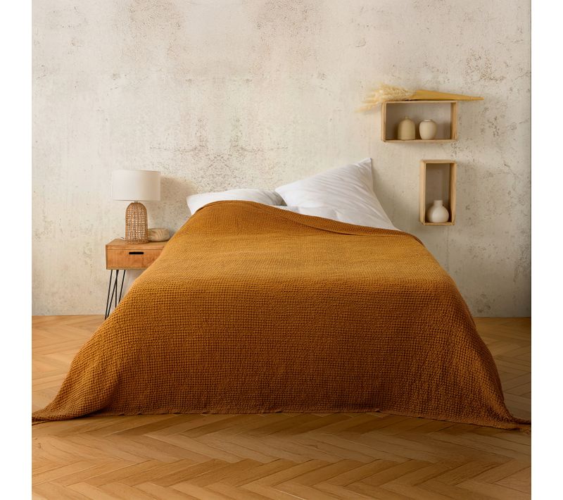 Plaid Ou Couvre Lit 100% Coton Nid D’abeille - 125x150 Cm - Jaune Ocre