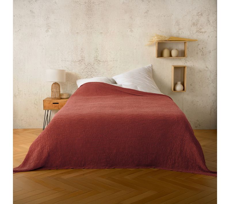 Plaid Ou Couvre Lit 100% Coton Nid D’abeille - 125x150 Cm - Terracotta