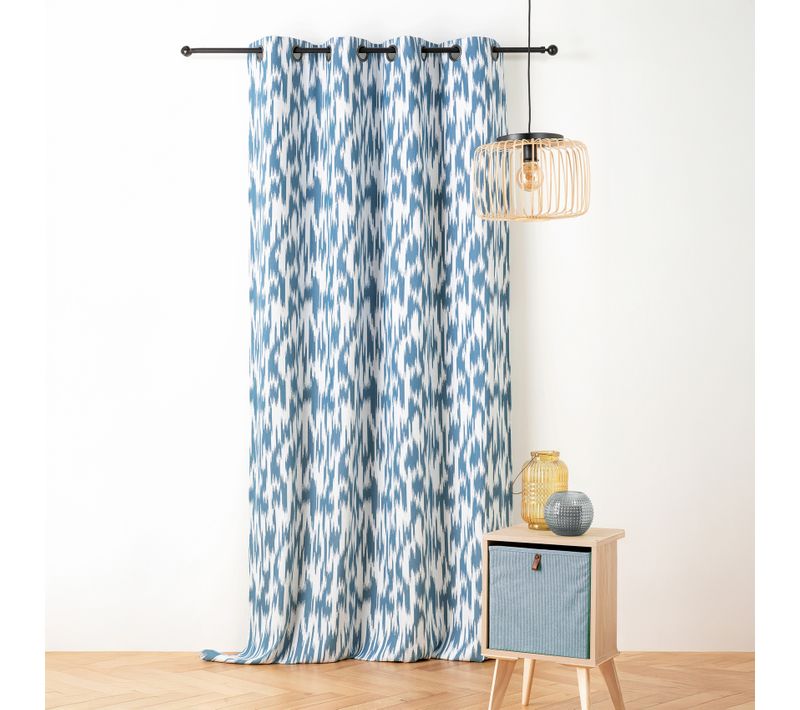 Rideau Jacquard Motif Ikat En Fils Upcyclés - 140x280 Cm - Bleu