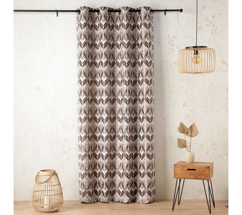 Rideau Motif Art Déco - Effet Velours À Oeillets - 140x260 Cm - Taupe