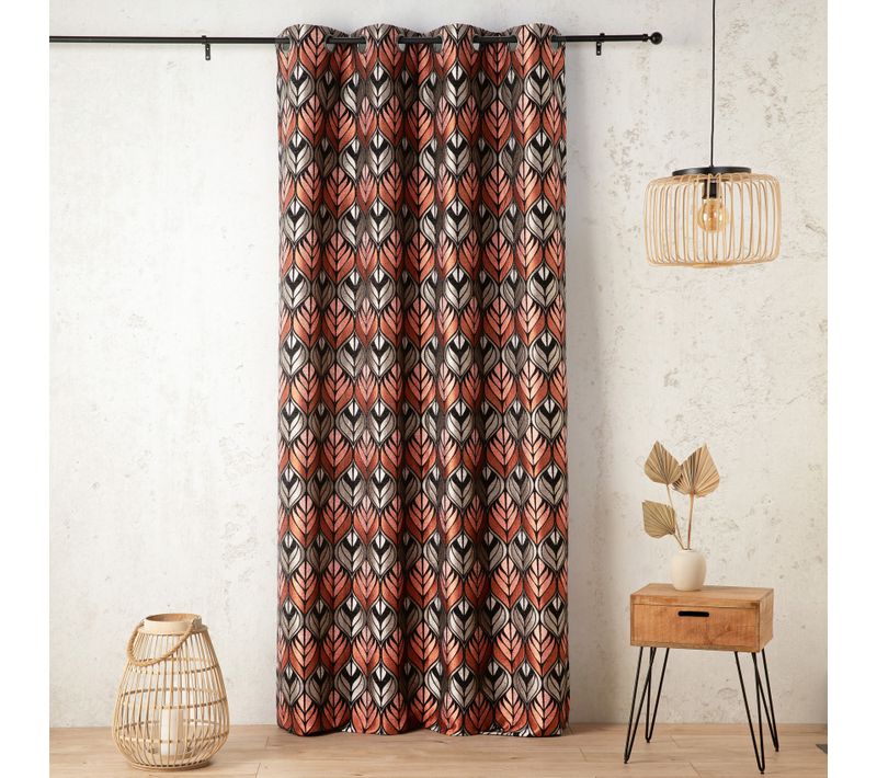 Rideau Motif Art Déco - Effet Velours À Oeillets - 140x260 Cm - Orange Corail