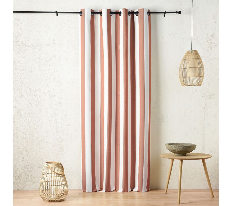 Rideau À Oeillets Outdoor Rayé Déperlant - 140x265 Cm - Orange Corail