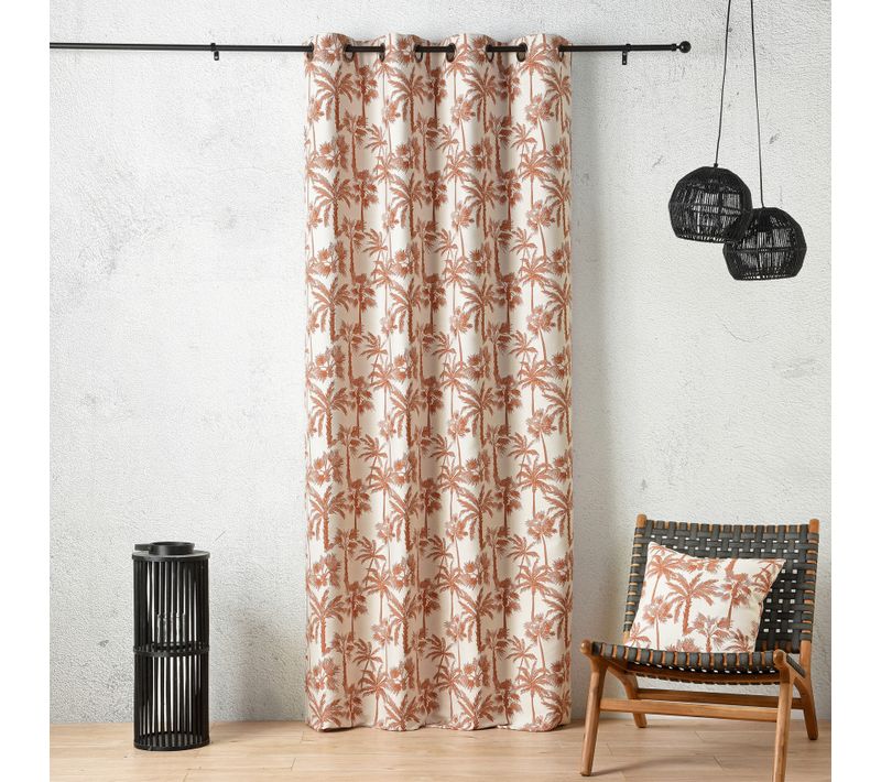 Rideau Oeillets Motif Palmier Tamisant En Tissu Texturé - 140x240 Cm - Terracotta