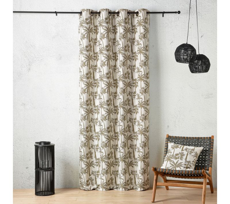 Rideau Oeillets Motif Palmier Tamisant En Tissu Texturé - 140x240 Cm - Vert