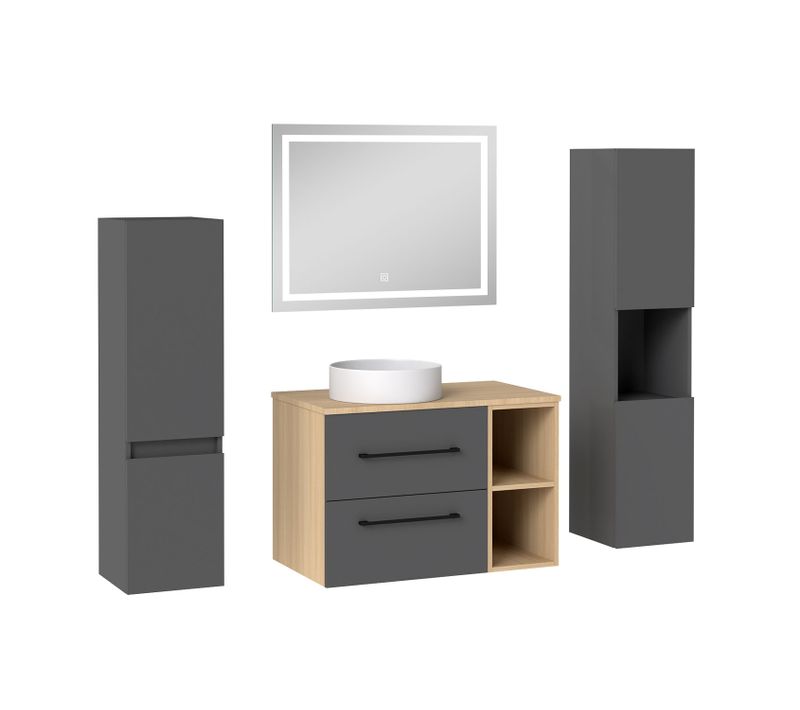 Ensemble Meuble Salle De Bain 79cm Avec Lavabo, Miroir LED + 2 Colonnes, Anthracite