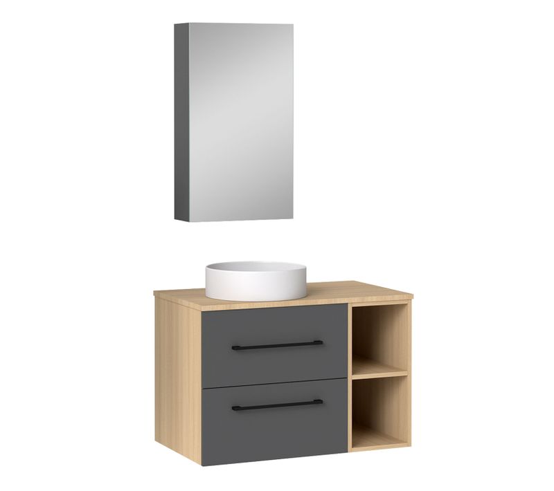 Ensemble Meuble Salle De Bain, Meuble 2 Tiroirs, Vasque Et Miroir De Rangement, 79cm