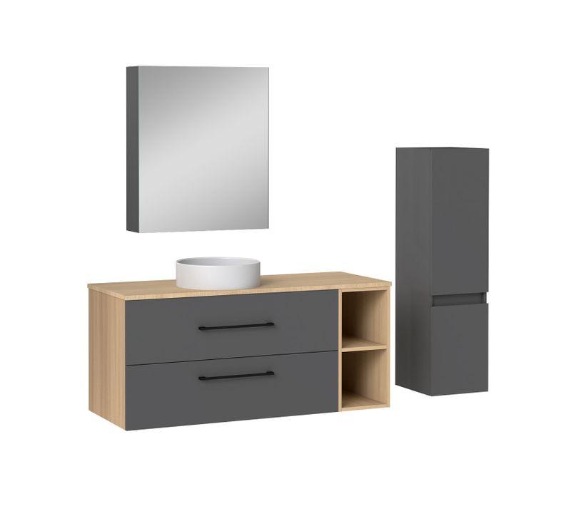 Ensemble Meuble Salle De Bain, Meuble 120cm + 2 Tiroirs + Miroir De Rangement  + Colonne 110cm