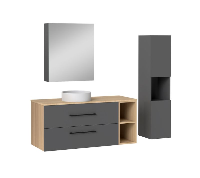 Ensemble Meuble Salle De Bain 120cm Avec 2 Tiroirs + Miroir De Rangement + Colonne 131.5cm