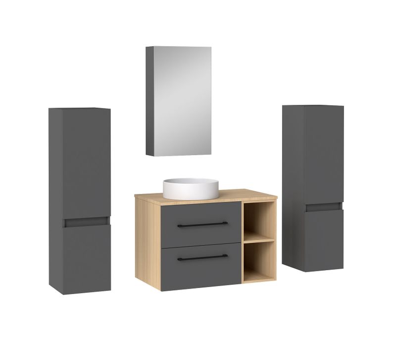 Ensemble Meuble Salle De Bain 79cm + 2 Tiroirs + Miroir De Rangement + 2 Colonnes 110cm