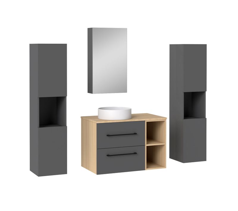 Ensemble Meuble Salle De Bain 2 Tiroirs  + Miroir De Rangement + 2 Colonnes + Vasque, 79cm