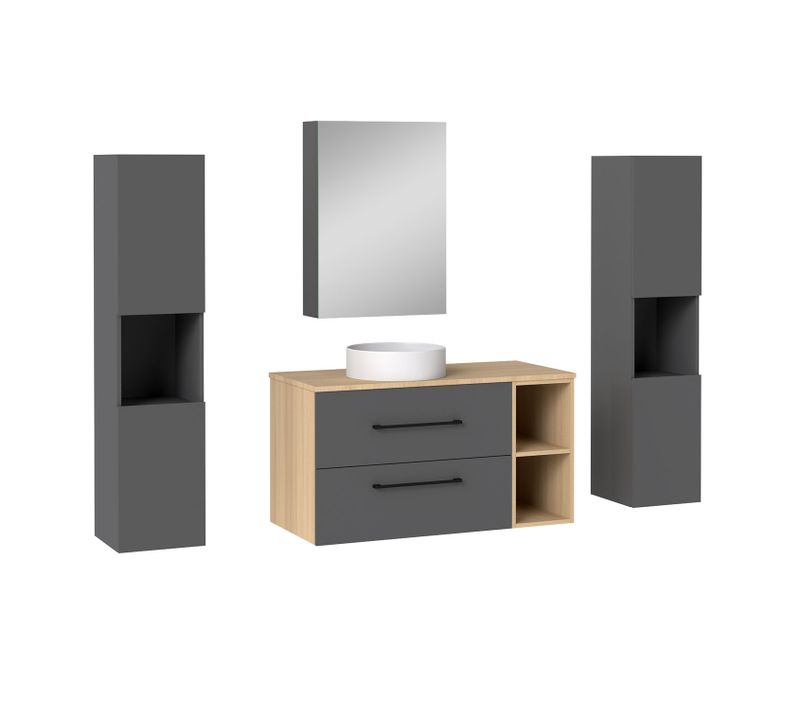 Ensemble Meuble Salle De Bain 2 Tiroirs  + Miroir De Rangement + 2 Colonnes + Vasque, 99cm