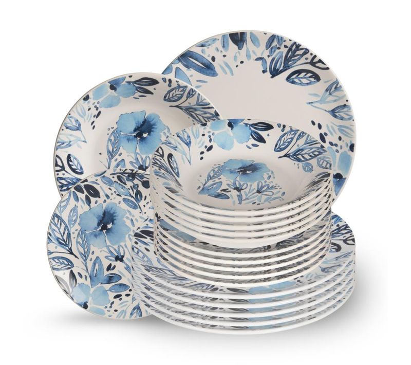 Service D'assiettes 18 Pièces Jardin Bleu En Faience