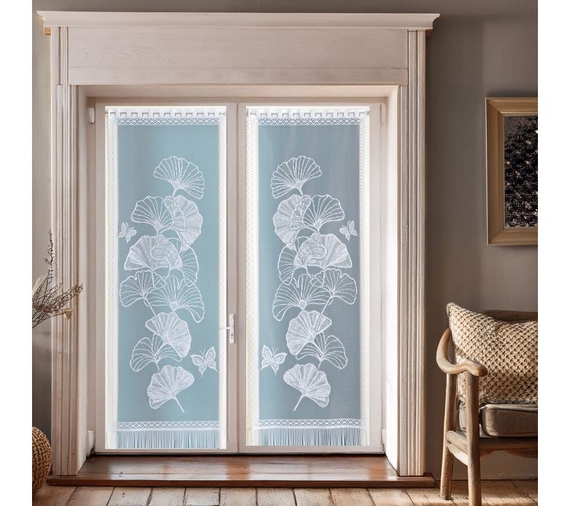 Paire De Vitrages Frangés Dentelle Motif Ginkgo - 60x120 Cm - Blanc