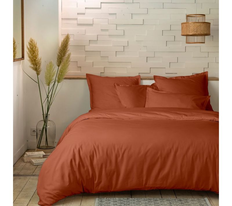 Housse De Couette 220x240 Cm + 2 Taies 100% Percale De Coton 80 Fils Terracotta