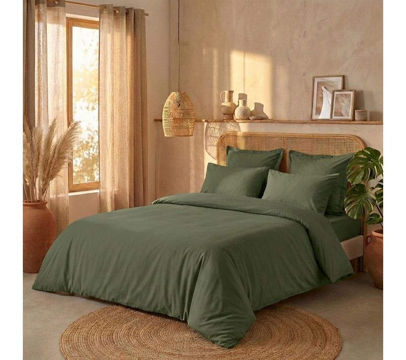 Parure De Lit 240x260 Cm Percale De Coton Vert Kaki