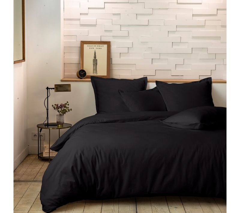 Housse De Couette 240x260 Cm + 2 Taies 100% Percale De Coton 80 Fils Noir
