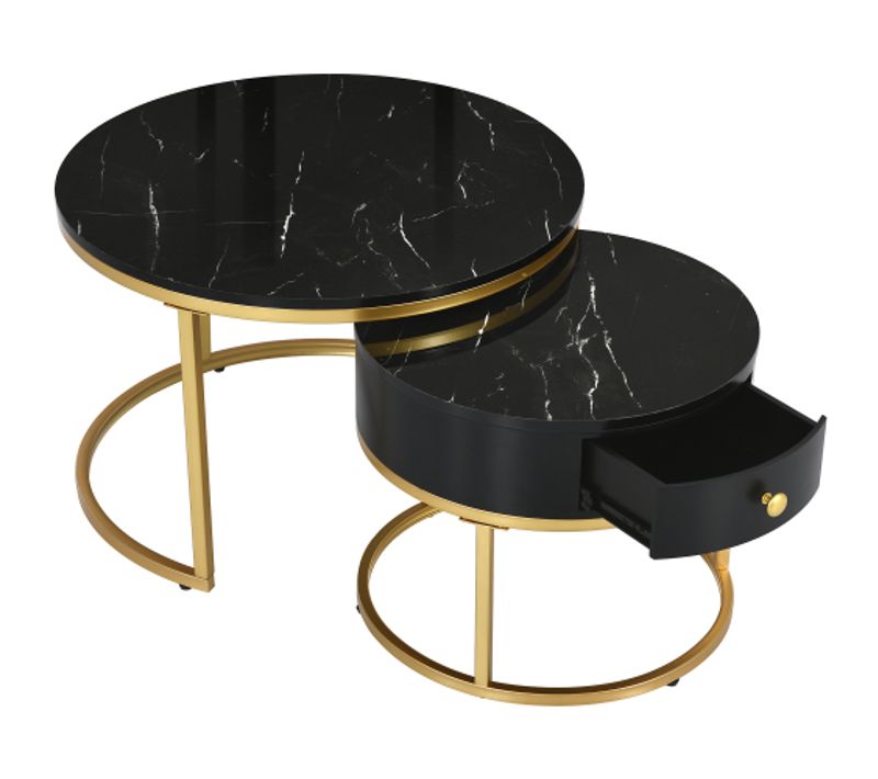 Table Basse Gigogne Moderne, Motif Marbre Brillant, Ensemble De 2 Tables Basses Rondes Emboîtable