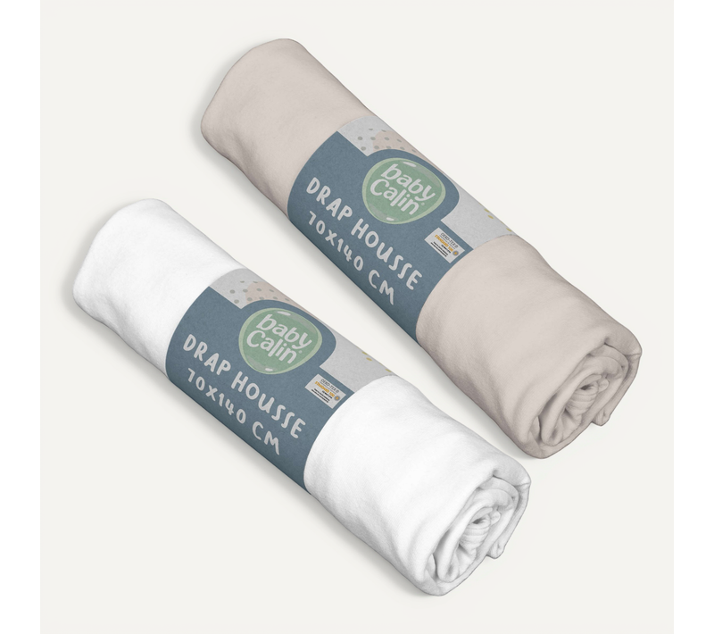 Lot De 2 Draps Housse En Coton 70x140 Cm - Blanc + Taupe