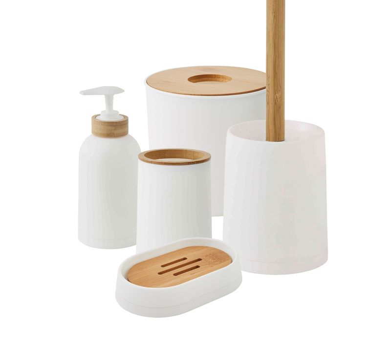 Set De Salle De Bain 28x31x31cm Uni 5 Pièces En Bambou Blanc