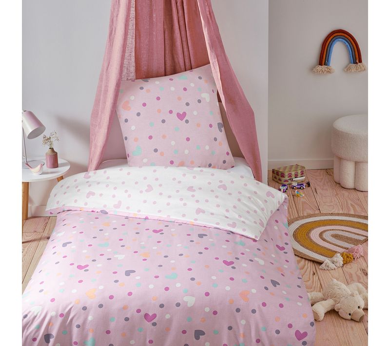 Parure De Lit Enfant Pois Et Cœurs Réversible 140x200cm