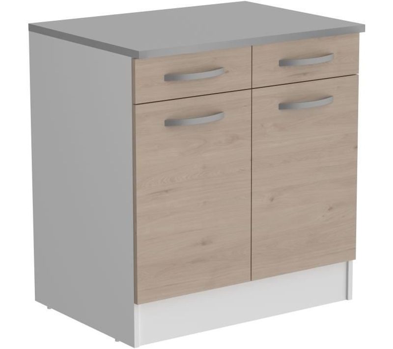 Meuble Bas 2 Portes 2 Tiroirs + Plan - Décor Chêne Jackson - L 80 X P 60 X H 86 Cm - Oslo