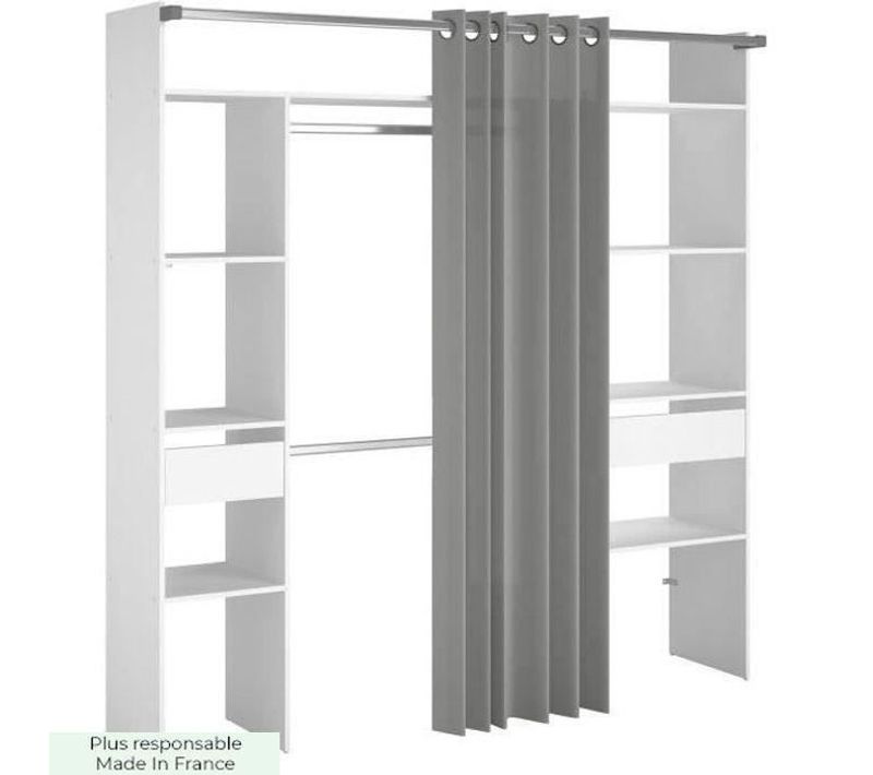 Kit Dressing Artic Avec Rideau Décor Blanc - 2 Colonnes + 2 Penderies + 2 Tiroirs - L198xp40xh203cm