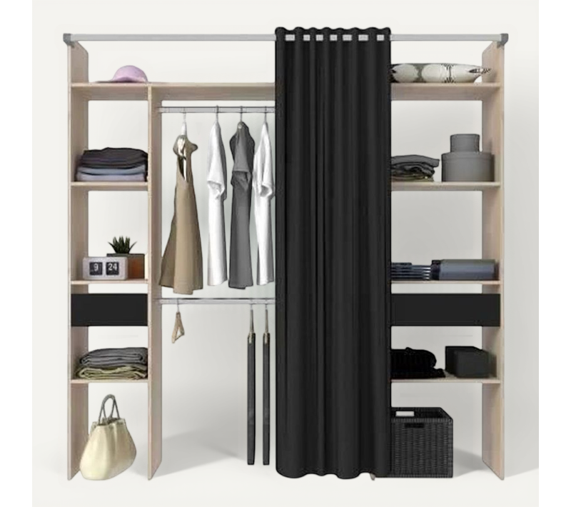 Dressing Artic Avec Rideau 2 Colonnes, 2 Penderies, 2 Tiroirs - Chêne/noir