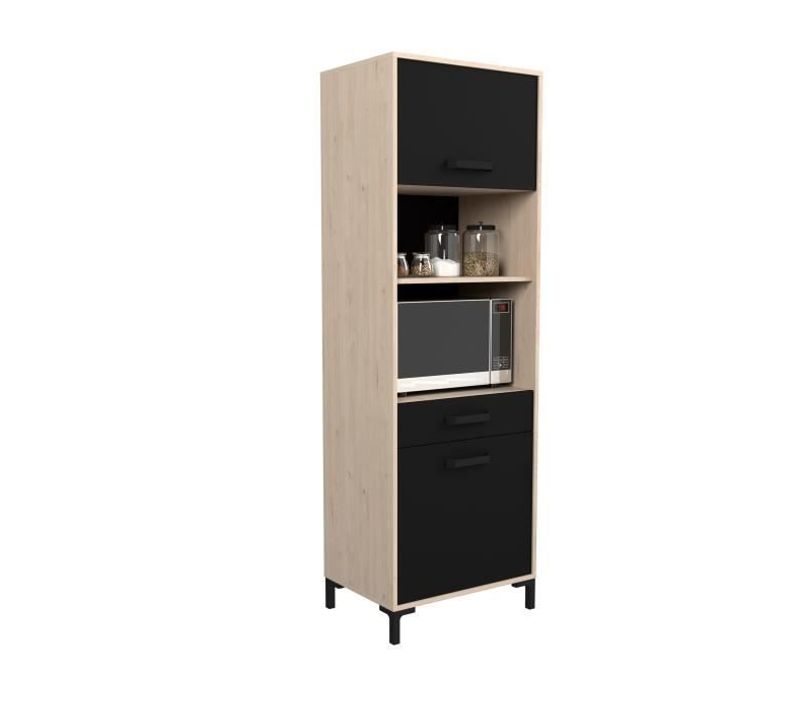 Factory Buffet De Cuisine 60 Cm - 2 Portes - L 60 X P 43 X H 185 Cm - Chêne Et Noir - Ekipa