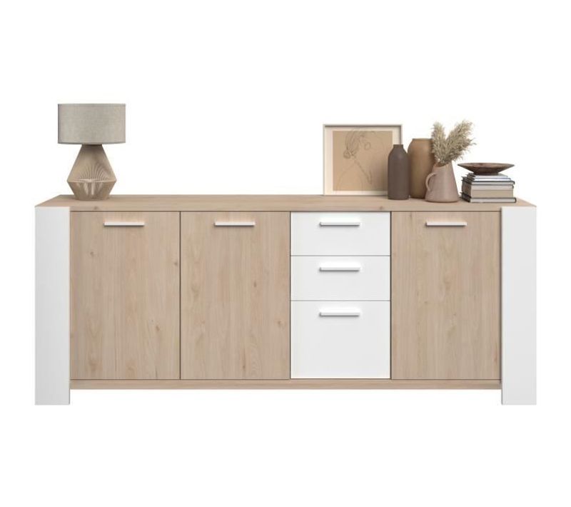 Buffet Bas - Loft - Chene / Blanc - 3 Portes - 3 Tiroirs -