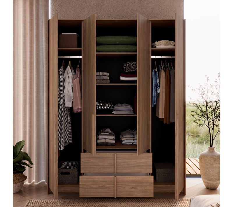 Armoire 4 portes 2 tiroirs avec miroir intérieur HAIKU imitation noyer