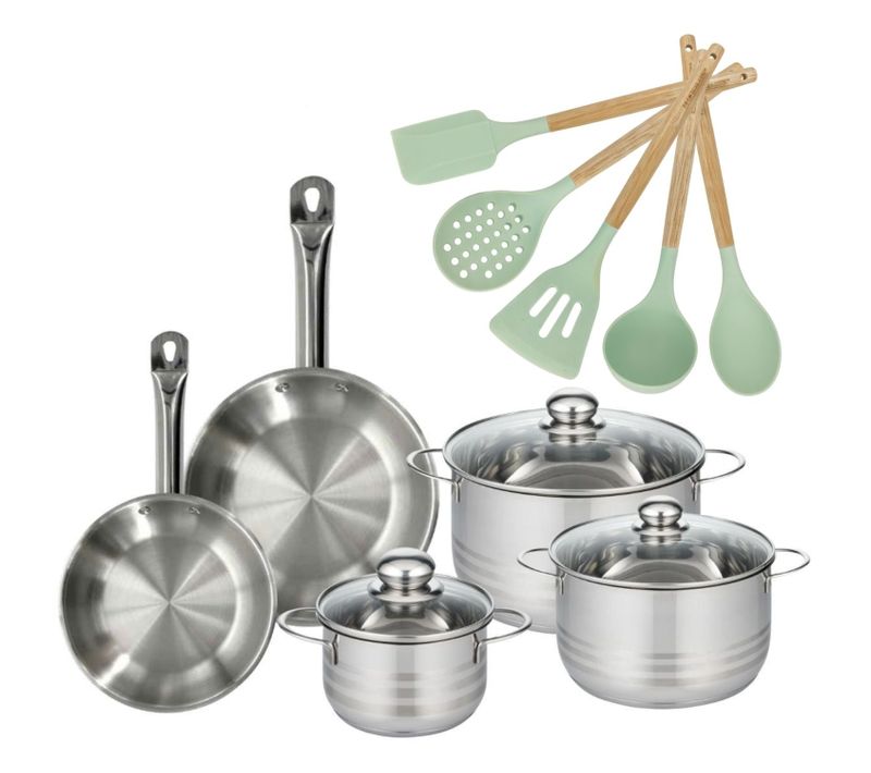 Batterie De Cuisine Avec 3 Faitouts 16/20/24 Cm Et 2 Poêles 20/24 Cm Et 5 Ustensiles De Cuisine San…