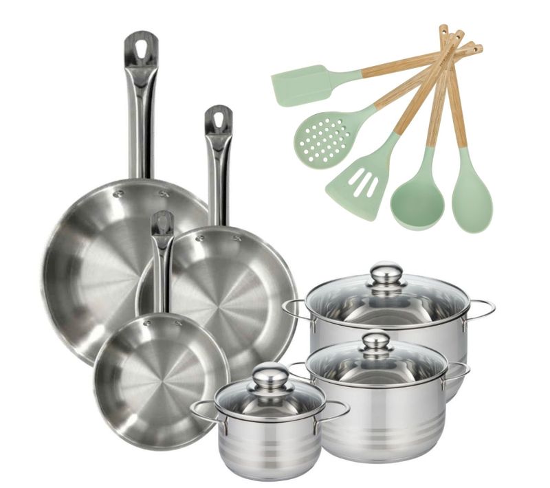 Batterie De Cuisine Avec 3 Faitouts 16/20/24 Cm Et 3 Poêles 20/24/28 Cm Avec 5 Ustensiles De Cuisin…
